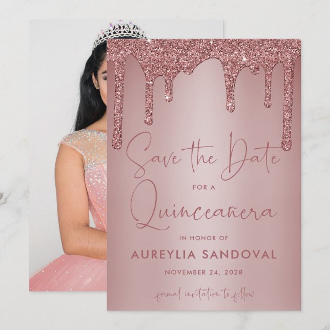 Save The Date Rose Gold Éperche Parties scintillant Drives Quinc (Devant / Derrière)