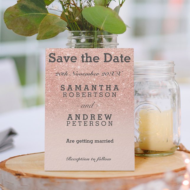 Save the Date rose gold faux glitter pink ombre Announcement Postcard (Creator Uploaded)