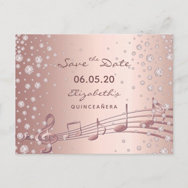 Save the Date rose gold glam Quinceañera party Postcard (Front)