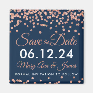 Save The Date Rose Gold Glitter Confetti Navy Blue Magnet
