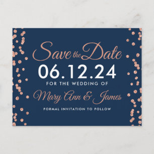 Save The Date Rose Gold Glitter Confetti Navy Blue Postcard
