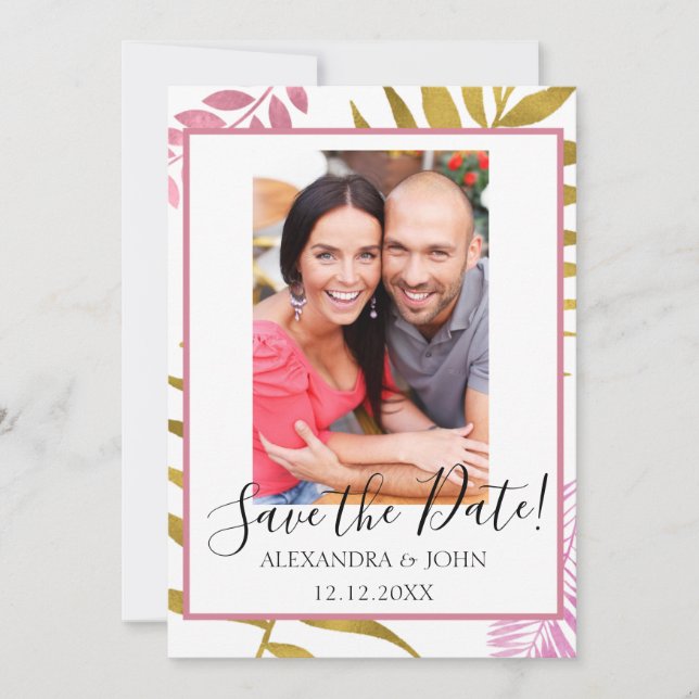 Save The Date Rose Gold & Gold Foil Tropical Enregistrer la date (Devant)