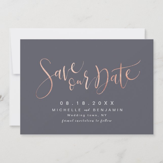 Save The Date Rose Gold Grey Moderne Simple Script Enregistrer L (Devant)