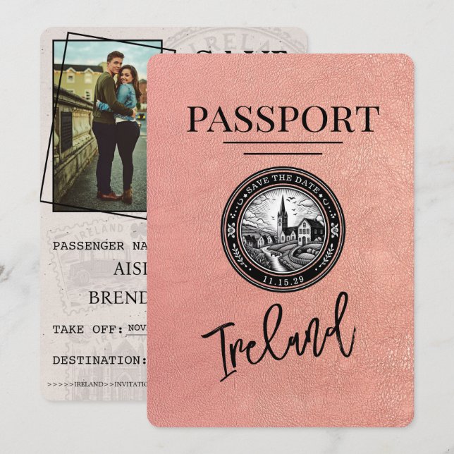 Save The Date Rose Gold Ireland Passeport Enregistrer La Date (Devant / Derrière)