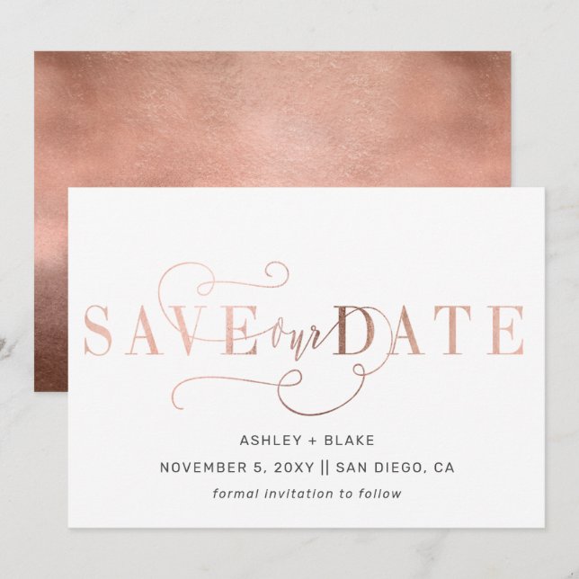 Save The Date Rose Gold Moderne Stylo Design manuscrit Calligrap (Devant / Derrière)