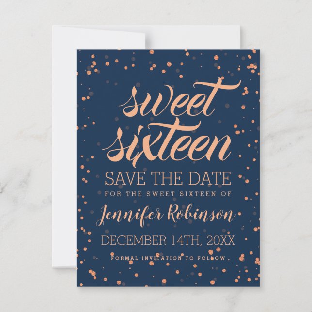 Save The Date Rose Gold Navy Sweet 16 Date de sauvegarde Confett (Devant)
