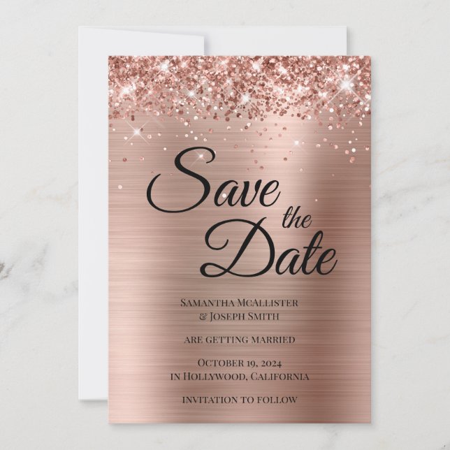 Save The Date Rose Gold Pailleté Script Fantaisie (Devant)