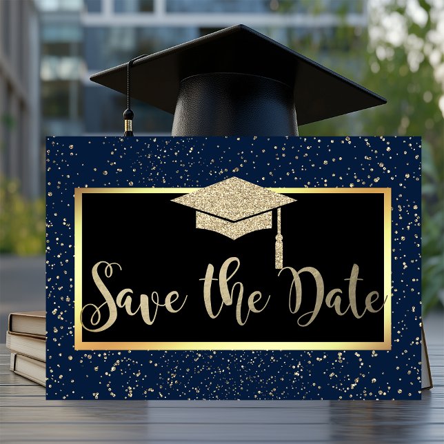 Save The Date Rose Gold Pailletés Bleu Marine Diplômé Enregistre (Créateur téléchargé)