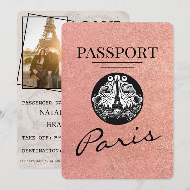 Save The Date Rose Gold Paris Passport Enregistrer La Date (Devant / Derrière)