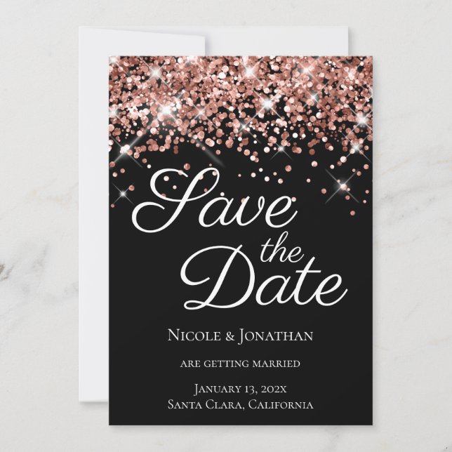 Save The Date Rose Gold Parties scintillant Black Elegant Callig (Devant)