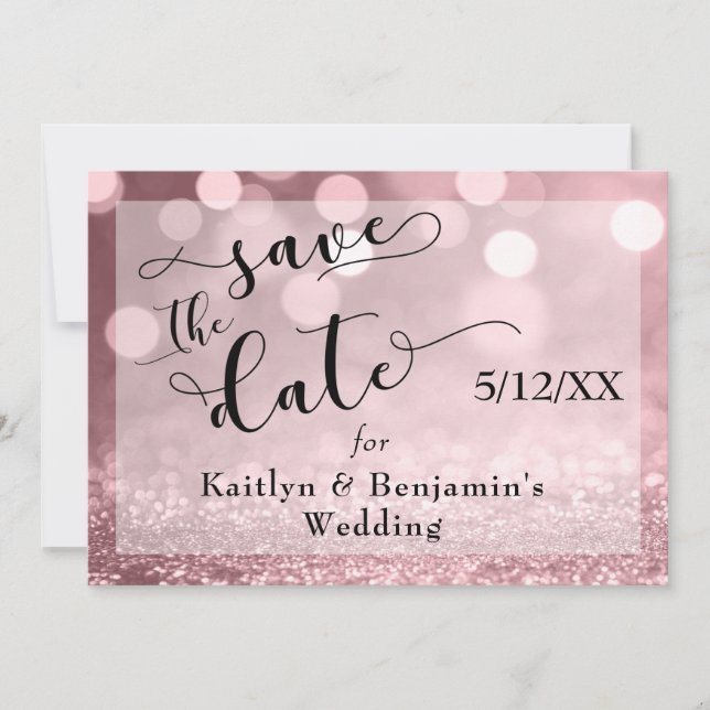 Save The Date Rose Gold Parties scintillant Bokeh & Typographie  (Devant)