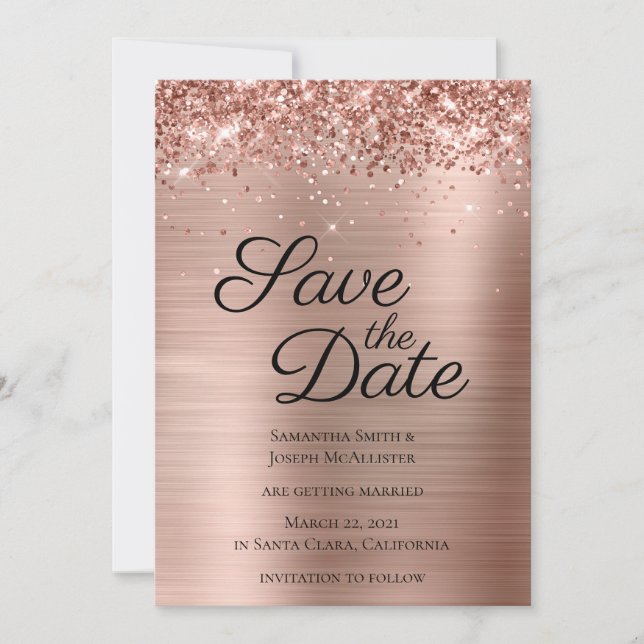Save The Date Rose Gold Sparkly Parties scintillant et Ombre Foi (Devant)