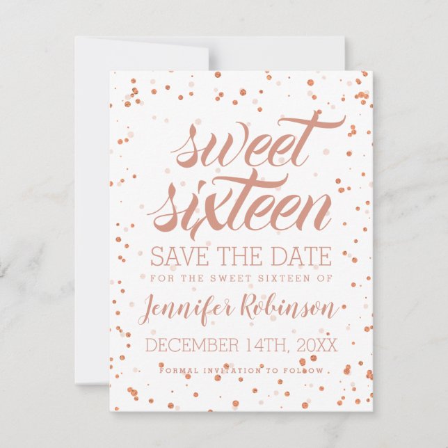 Save The Date Rose Gold Sweet 16 Date de sauvegarde Sparkle Conf (Devant)