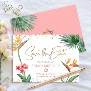 Save The Date Rose Gold Tropicale Bat Mitzvah Florale Palmier Mo