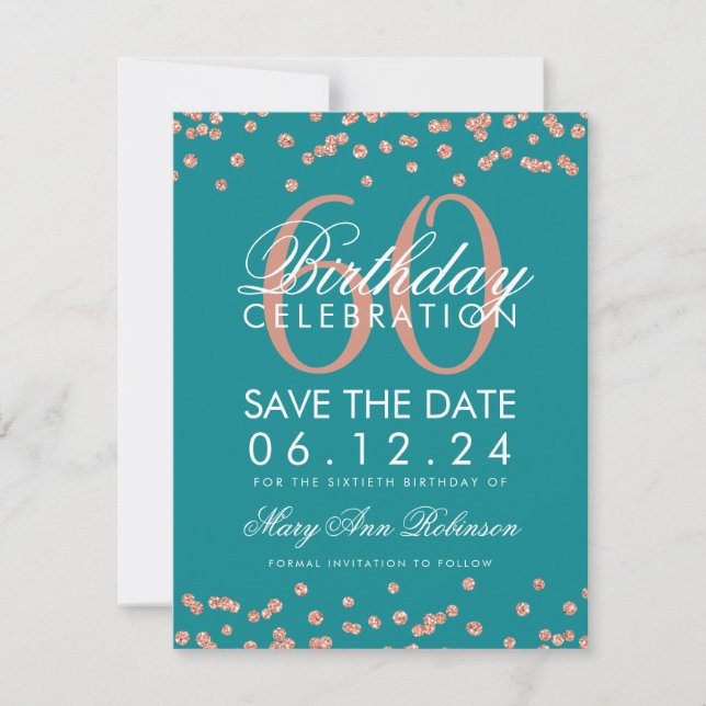 Save The Date Rose Gold Turquoise 60e anniversaire Date de sauve (Devant)