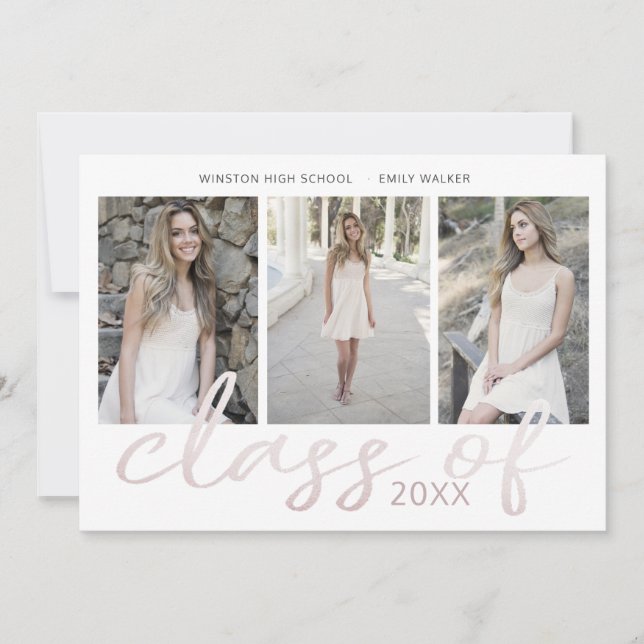 Save The Date Rose Gold Whimsical Script Photo Graduation Card (Devant)