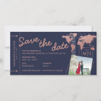 Save the date rose gold world map boarding pass