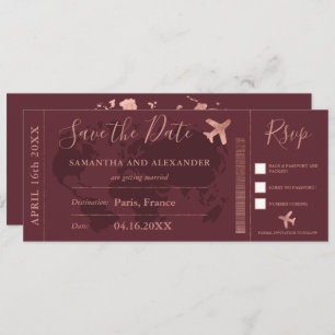 Save the date rose gold world map boarding pass