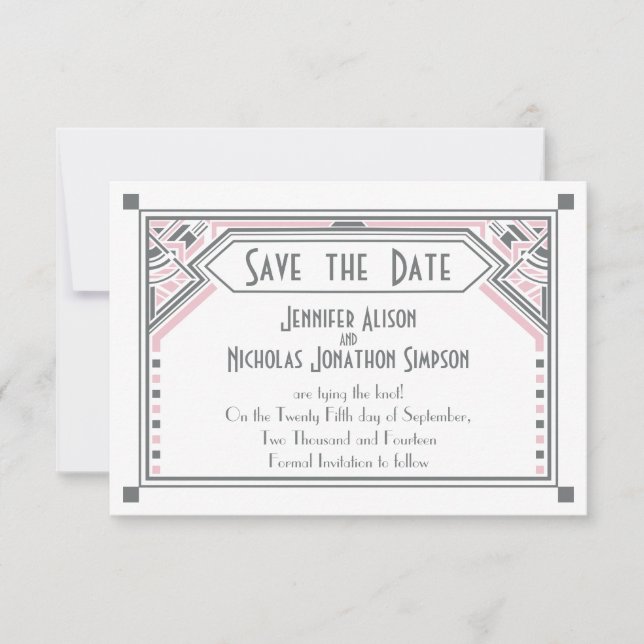 Save The Date Rose - Grey Gatsby Art Déco Mariage Enregistrer la (Devant)