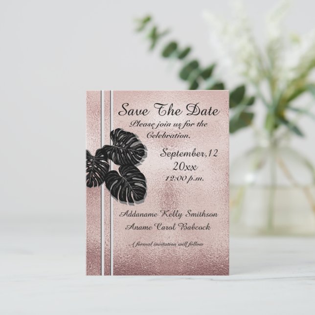 Save The Date Rose moderne Gold Black Graphisme Feuilles Élégant (Debout devant)