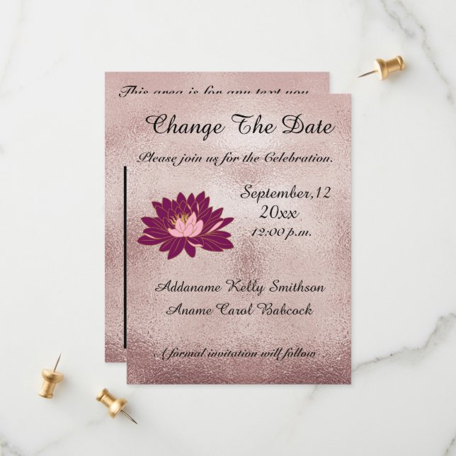 Save The Date Rose moderne Gold Bourgogne Floral Élégant Changem (Devant/Arrière en situation)
