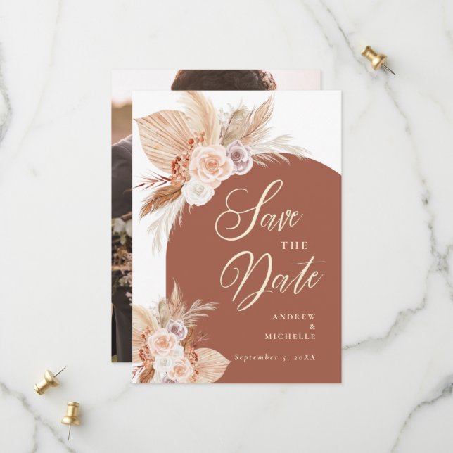 Save The Date Rose Muet Pampas Terracotta Boho Mariage photo (Devant/Arrière en situation)