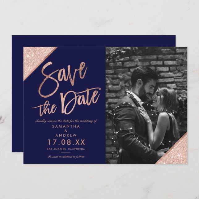 Save The Date Rose or parties scintillant script bleu marine enr (Devant / Derrière)