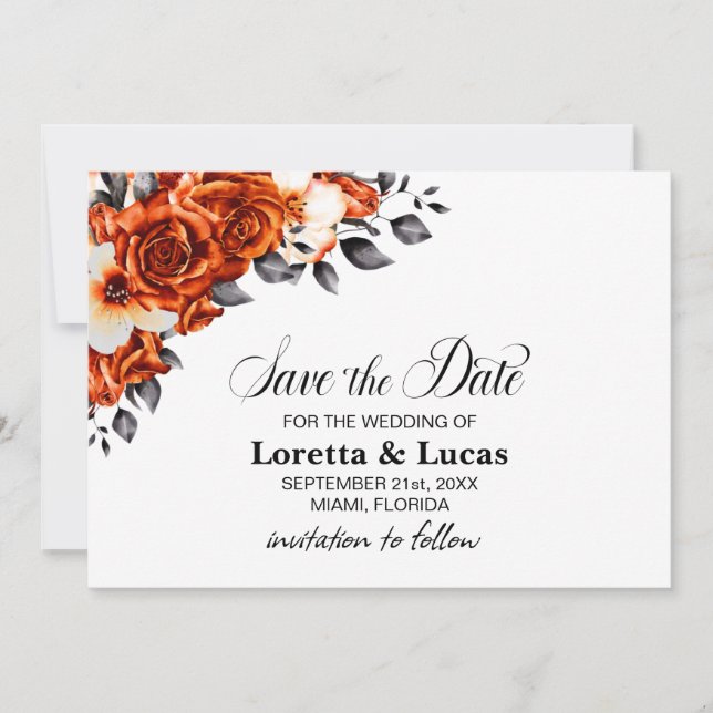 Save The Date Rose orange brûlé mariage floral Enregistrer la da (Devant)