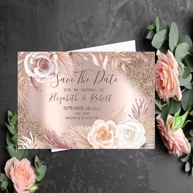 Save The Date Rose Parties scintillant Or Fleurs Boho Ombre Enre (Créateur téléchargé)