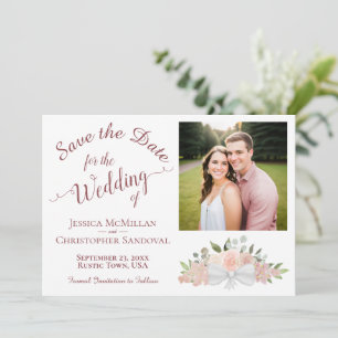 Save The Date Rose Poussiéreuse Floral Calligraphie Photo Mariag