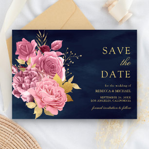 Save The Date Rose Poussiéreux Fleurs Mauve Or Bleu Marine Maria