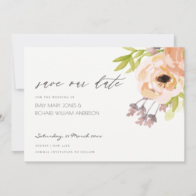 SAVE THE DATE ROSE ROMANTIQUE, PURPLE, FLORAL BLEU SAUVER LA DAT (Devant)