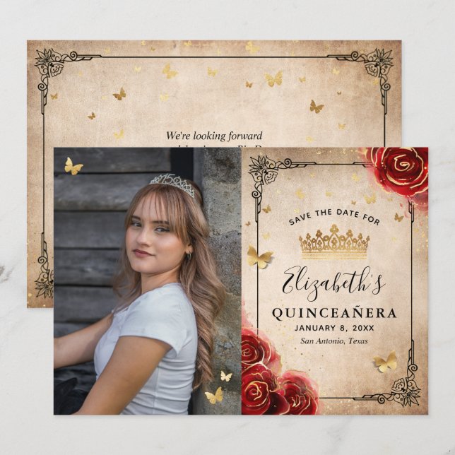 Save The Date Rose rouge élégante noire et or Photo Quinceanera (Devant / Derrière)