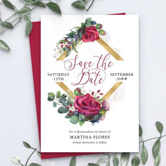 Save The Date Rose rouge et Eucalyptus Elegant Quinceanera (Save the Date card from my Rose and Eucalyptus Quinceanera collection)