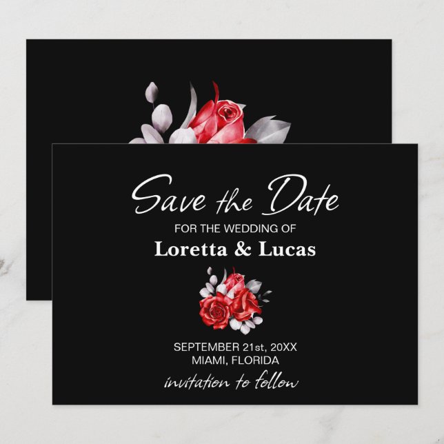 Save The Date Rose rouge Floral Mariage noir (Devant / Derrière)