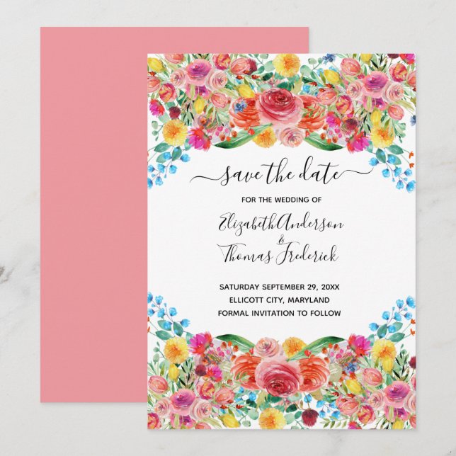 Save The Date Rose Rouge Jaune Floral Élégant Mariage Aquarelle (Devant / Derrière)