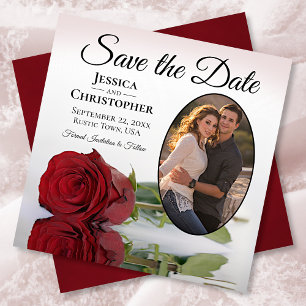 Save The Date Rose rouge romantique avec Mariage photo ovale