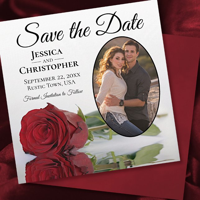 Save The Date Rose rouge romantique sur blanc avec Mariage photo (Créateur téléchargé)