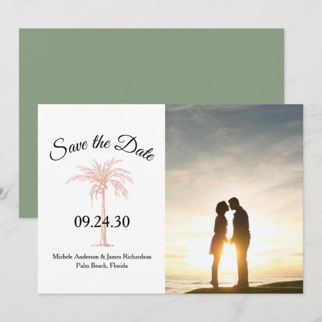 Save The Date Rose Sage Gold Copper Palm Tree photo Mariage (Devant / Derrière)