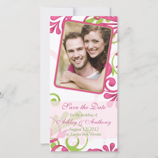 Save The Date Rose, vert, blanc Photo florale Enregistrer la dat (Devant)