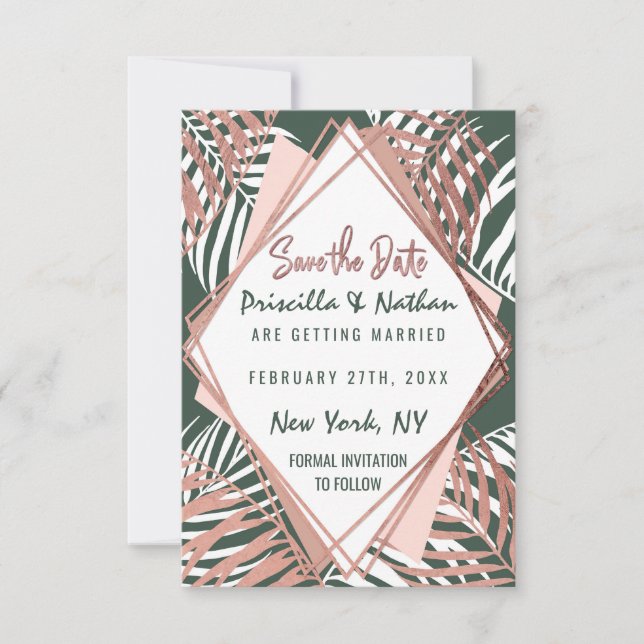 Save The Date Rose vert Gold Tropical Palm Tree Feuilles (Devant)