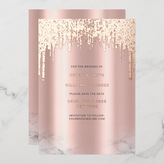 Save The Date Rosegold Glitter Drips Foil Cards (Front/Back)