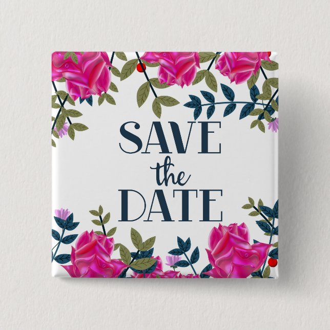 Save The Date Roses and Petals. 2 Inch Square Button (Front)
