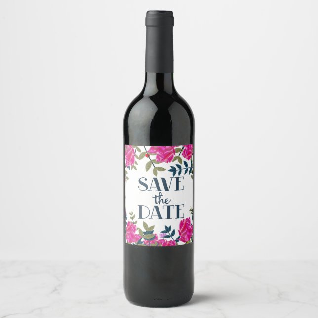 Save The Date Roses and Petals. Wine Label (Front)