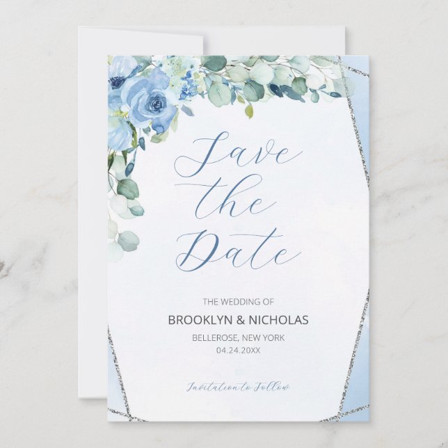 Save The Date Roses Aquarelle Bleu Enregistrer la date (Devant)