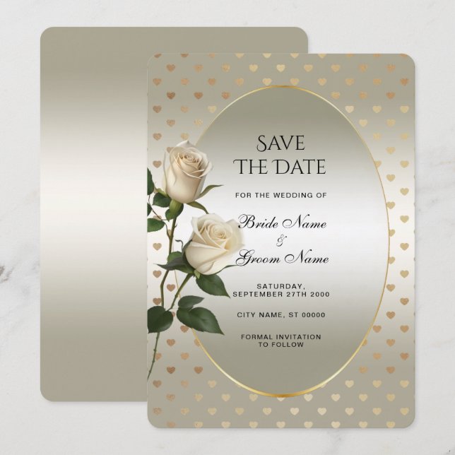 Save The Date Roses Blanches Coeurs Or Enregistrer La Date (Devant / Derrière)