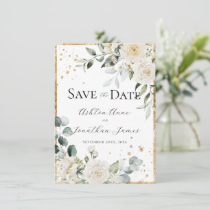 Save The Date Roses blanches élégantes mariage moderne or
