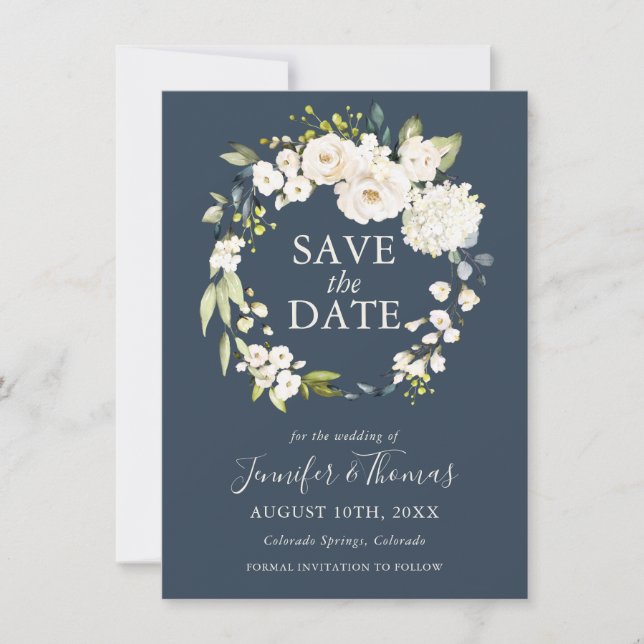 Save The Date Roses blanches et Hydrangeas Floral Enregistrer la (Devant)