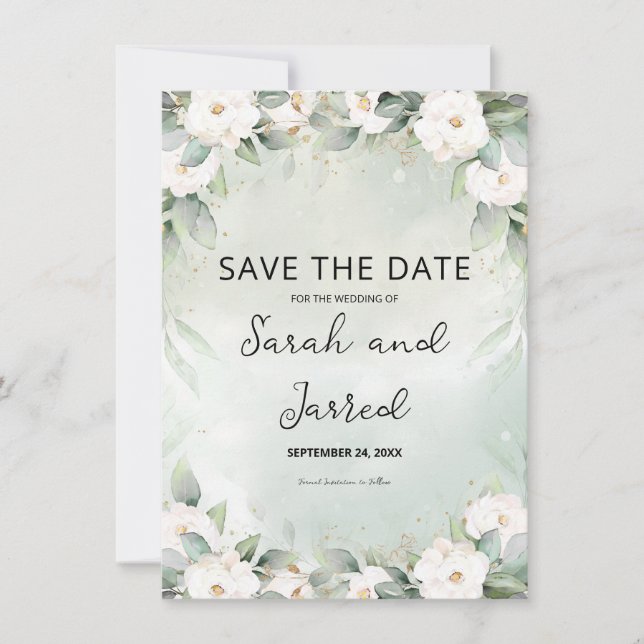 Save The Date Roses blanches Eucalyptus Feuilles (Devant)
