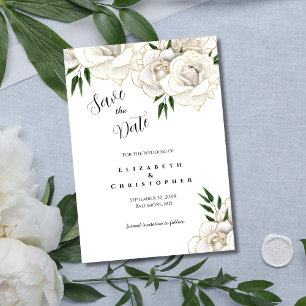 Save The Date Roses blanches Gold Trim Élégant Mariage formel